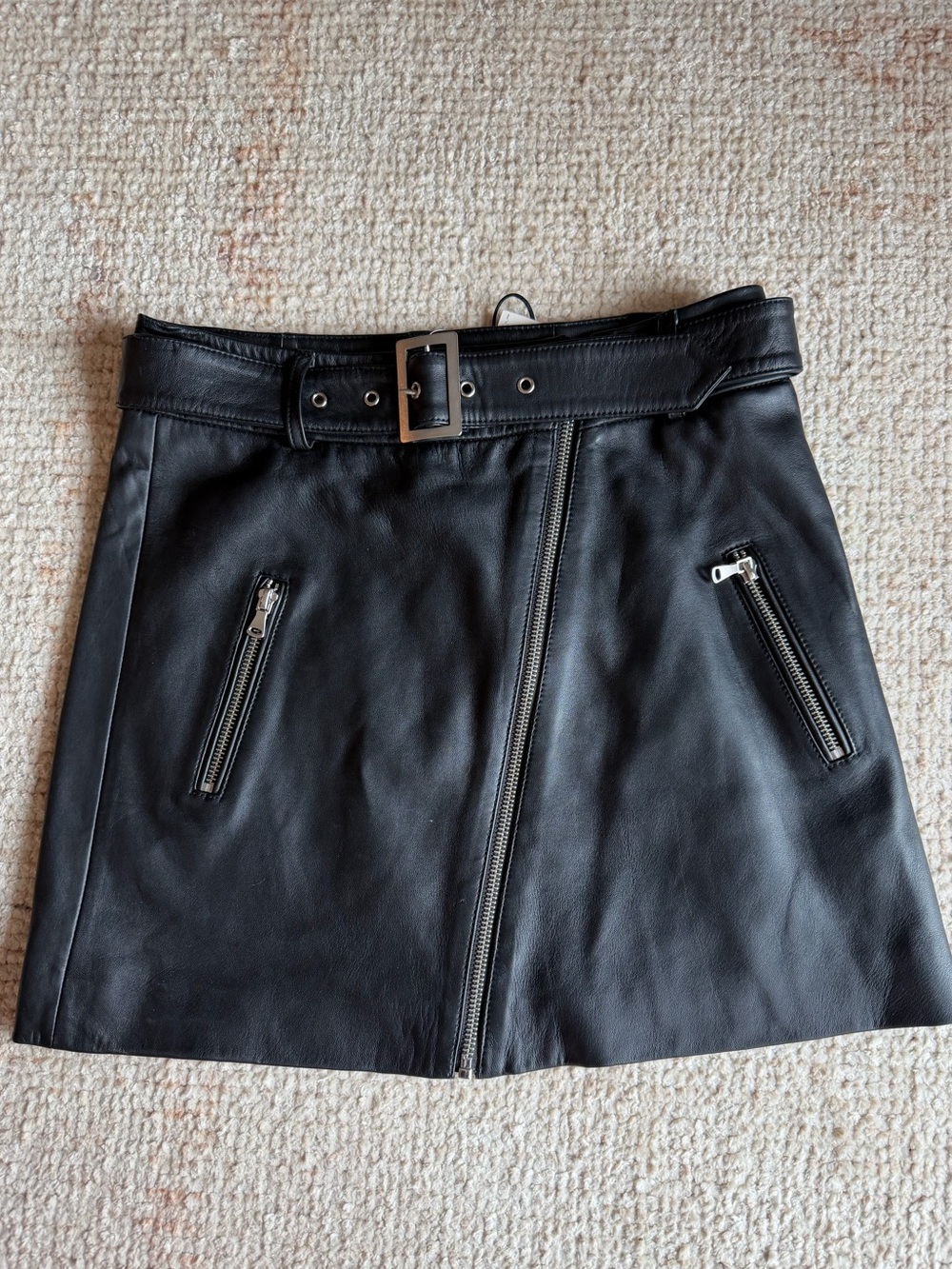 PAIGE Black Faux Leather Zip Mini Skirt with Belt Detail